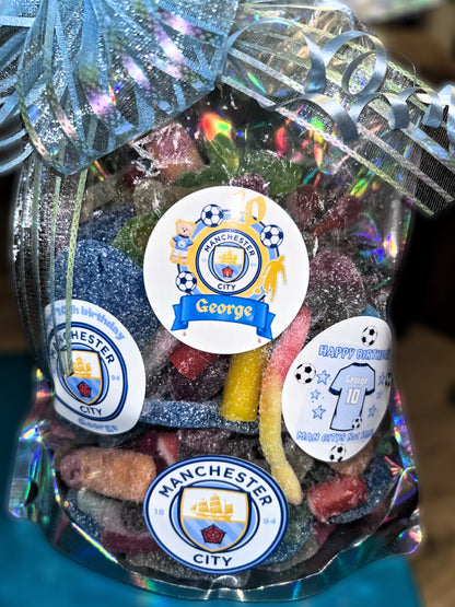 Football 1kg Sweet pouch! Any team- Any Celebration with personalized stickers and bow