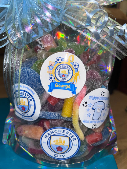 Football 1kg Sweet pouch! Any team- Any Celebration with personalized stickers and bow