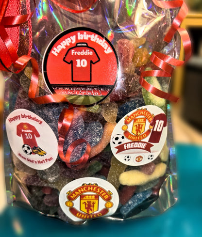 Football 1kg Sweet pouch! Any team- Any Celebration with personalized stickers and bow