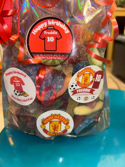 Football 1kg Sweet pouch! Any team- Any Celebration with personalized stickers and bow