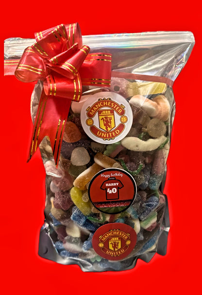 Football 1kg Sweet pouch! Any team- Any Celebration with personalized stickers and bow